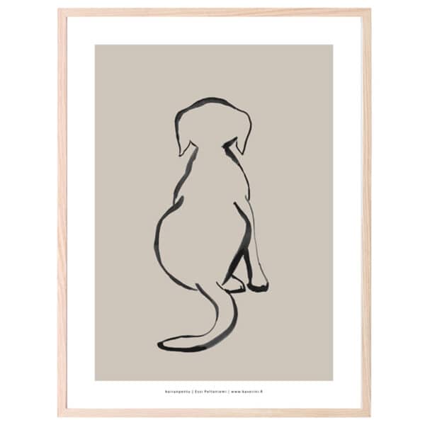 Pentu-Hund-Welpe-Poster-Kunstdruck-Hundewelpe-Grau-Beige-Geige-Ruecken-Tiermotiv-Finnland