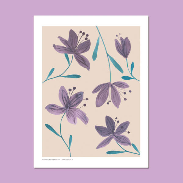 Violetit-Kukat-Lila-Blumen-Wasserfarbe-Kunstdruck-Poster-Blueten-Finnland-violett-Lilien-handgemalt-Blumenmotiv-Naturbild