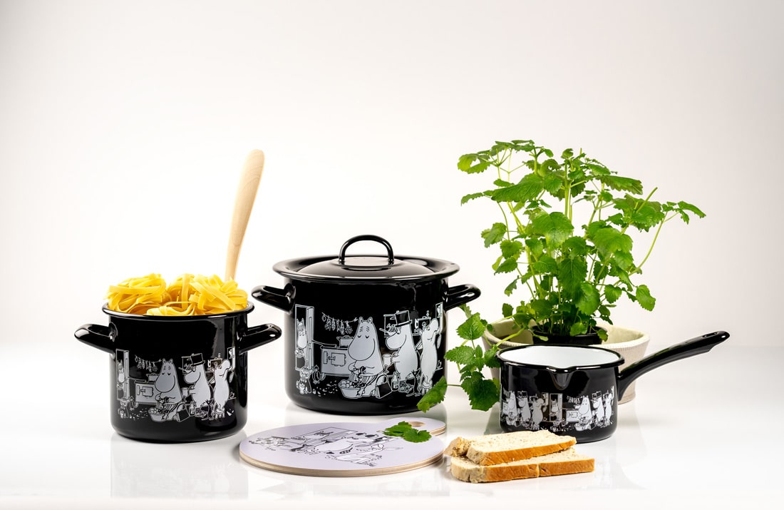 mumin emaille topf camping geschirr schwarz weiß muurla