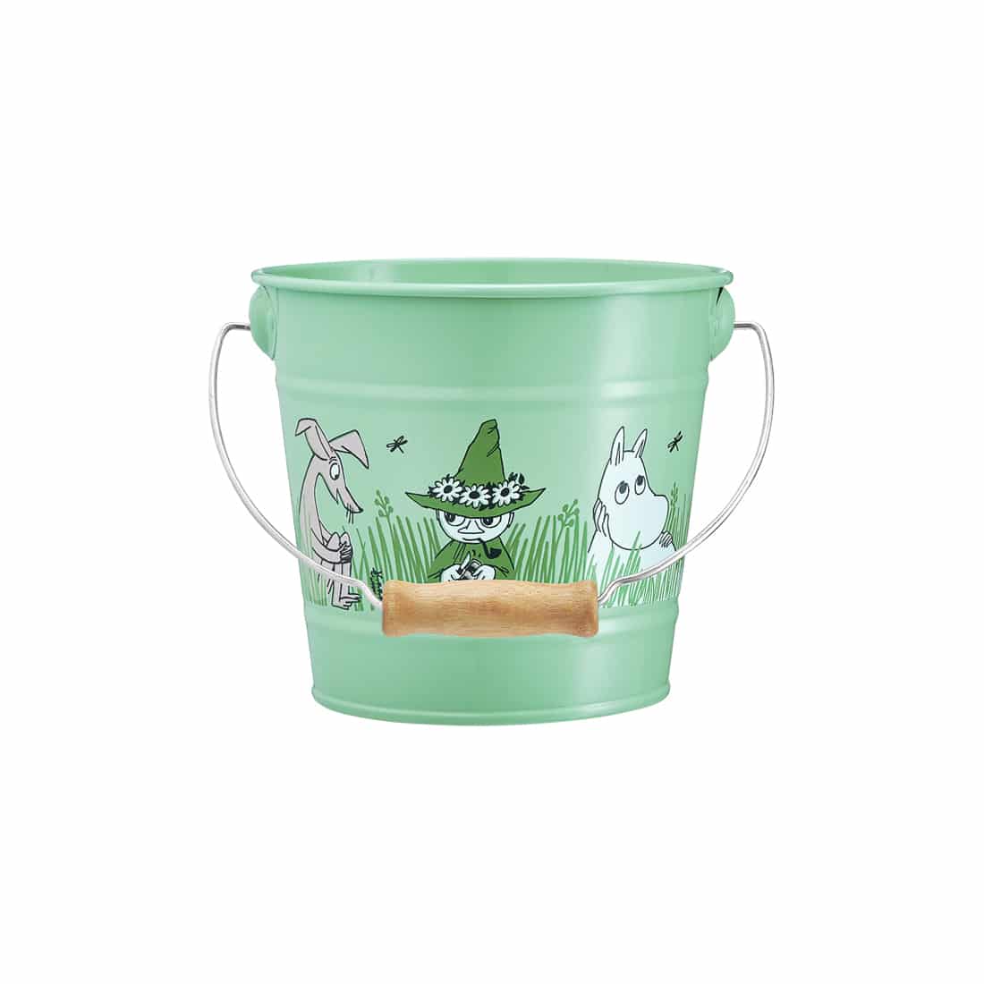 grüner metalleimer mit Henkel und einem grünem mumin motiv mit Schnupferich und Mumintroll