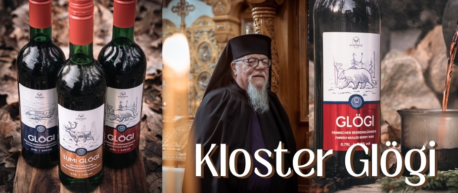 Glögi Flaschen aus Finnland und ein Mönch aus Kloster Valamo